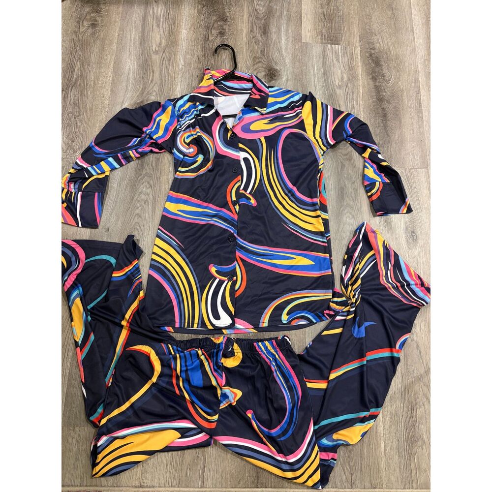 Colorful Abstract Swirl Print Pajama Set New